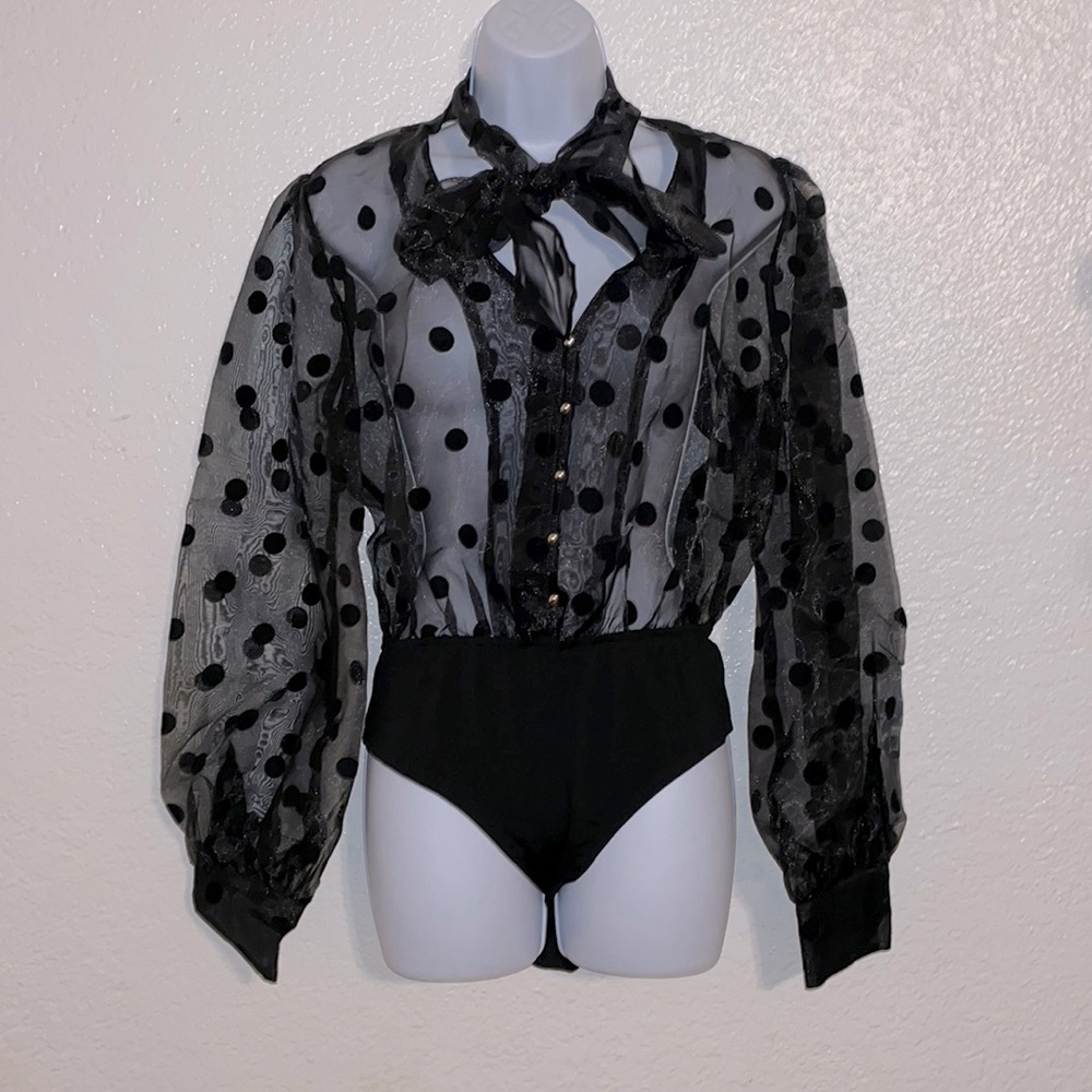Black polka dot thong bodysuit